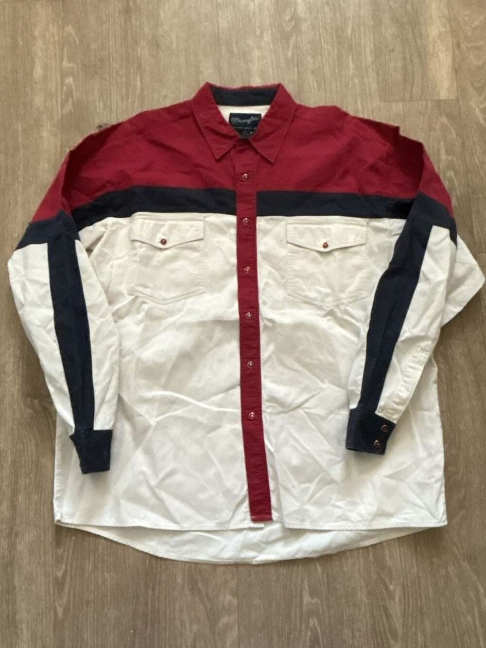 Wrangler Western Shirt Mens XL Red White Blue Colorblock Long Sleeve Button Up